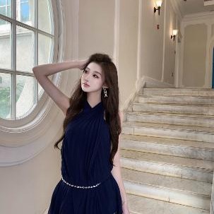 kikimy【古早韩味】挂脖连衣裙女夏蓝色裙礼服蓝色褶皱连身裙裙子
