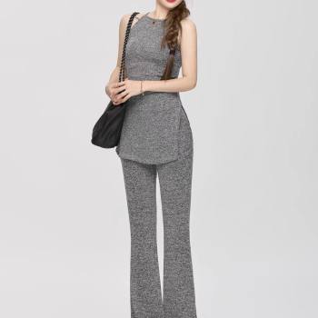 小P衣站气质高级感针织套装裤女夏季无袖开叉上衣微喇长裤两件套