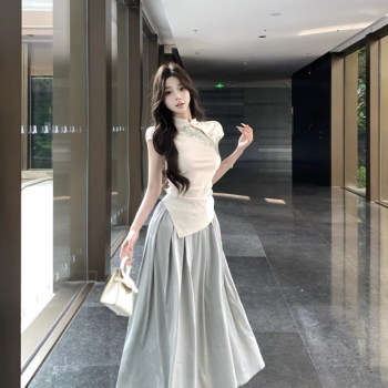 新中式国风套装花边拼接盘扣短袖T恤女夏季高腰半身裙长裙两件套