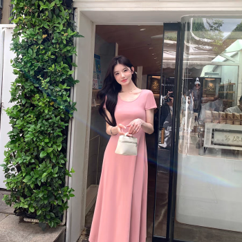 纯色修身短袖连衣裙女度假长裙春夏季垂感中长款裙子