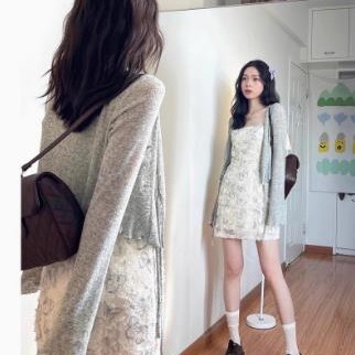 法式吊带连衣裙两件套防晒开衫外搭高级感配印花裙小个子套装秋季